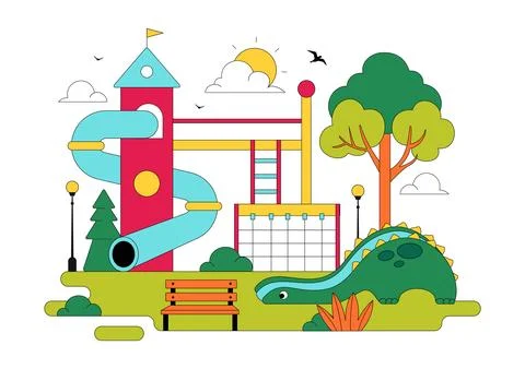 Playground Vector Illustration Featuring Colorful Kids Park With Slide Swin.. Stock Illustration