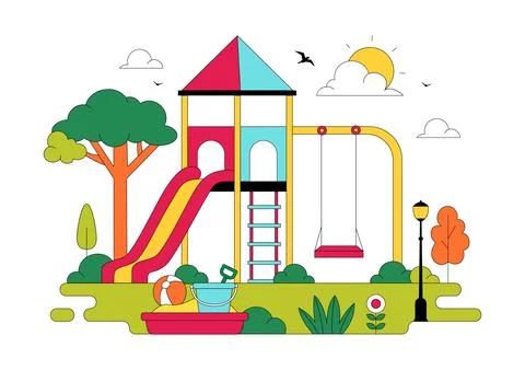 Playground Vector Illustration Featuring Colorful Kids Park With Slide Swin.. 스톡 일러스트