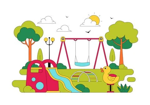 Playground Vector Illustration Featuring Colorful Kids Park With Slide Swin.. Stock Illustration