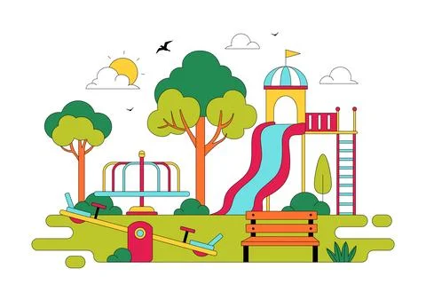 Playground Vector Illustration Featuring Colorful Kids Park With Slide Swin.. Stock Illustration