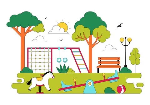 Playground Vector Illustration Featuring Colorful Kids Park With Slide Swin.. 스톡 일러스트