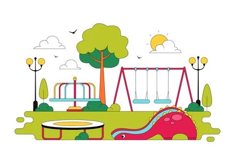 Playground Vector Illustration Featuring Colorful Kids Park With Slide Swin.. Stock Illustration