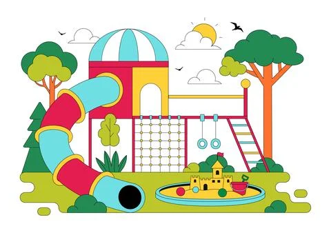 Playground Vector Illustration Featuring Colorful Kids Park With Slide Swin.. 스톡 일러스트
