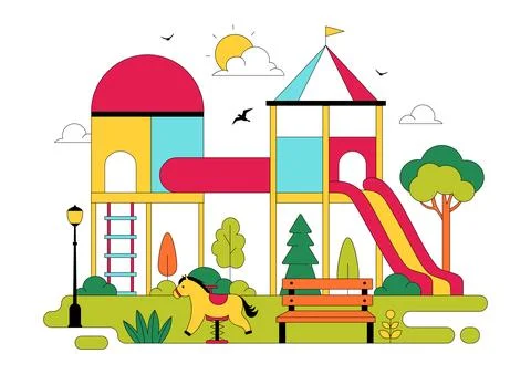 Playground Vector Illustration Featuring Colorful Kids Park With Slide Swin.. Illustrazione stock