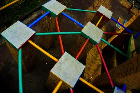 A playground was made of bricks to practice footwork with patterned concepts 스톡 사진