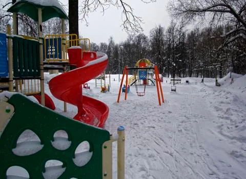 Playground in the yard in winter Stock Photos