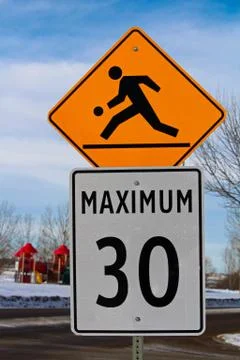 Playground Zone with Maximum Speed Limit Sign Stock Photos