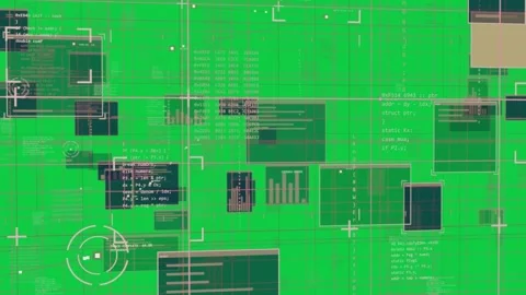 Playhead moving layered UI panning grid showing code reticle beige tag Stock Footage 340269428