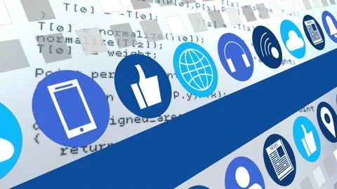 Playhead starting animation, diagonal ribbon of blue icons sliding and scaling Stock Footage 322119767