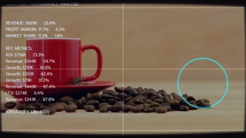 Playhead-triggered HUD elements being drawn over red cup and beans, showing Stock Footage 333967866