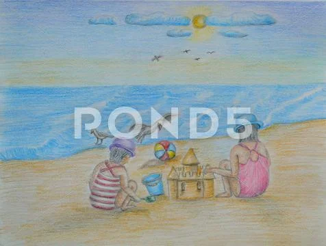 Playing in the beach, kids Stock Illustration