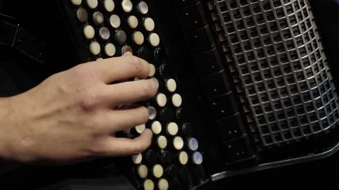 Playing on a big accordion. Playing the harmonica close-up. Old musical Stockbeeldmateriaal 82341096