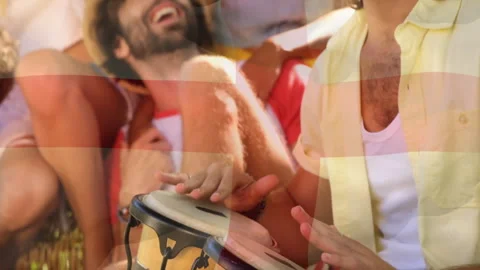 Playing bongo drums and laughing, people creating music in outdoor animation Stock Footage 305179409