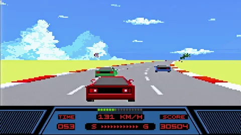 Playing Car On Speed Race Level In Old-School Video Game With Pixel Graphics Video stock 287469926