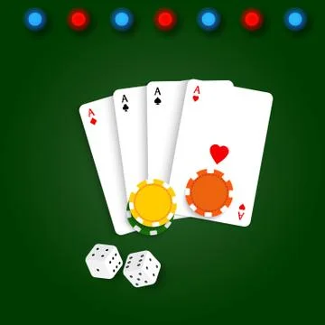 Playing card chips and dice on a green background. Stock Illustration