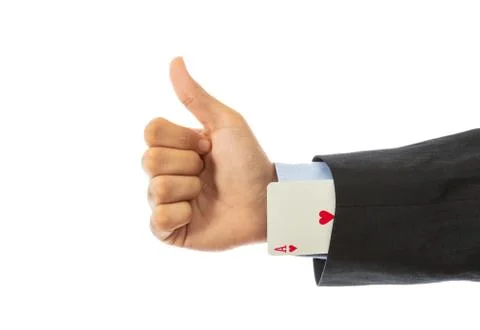 Playing cards. Ace hearts hidden in a suit sleeve isolated on white backgroun Stock Photos