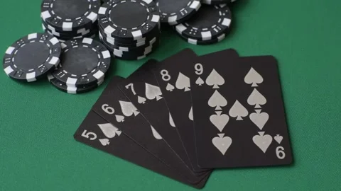 Playing cards and chips on a green cloth, a gambling game of poker. Cards and ch Stock Footage 332267722