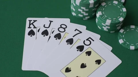 Playing cards and chips on a green cloth, a gambling game of poker. Cards and ch Stock Footage 332267756