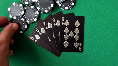 Playing cards and chips on a green cloth, a gambling game of poker. Cards and ch Stock Footage 332268012