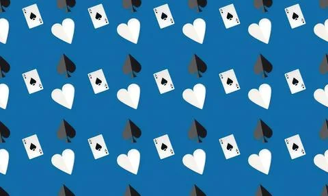 Playing cards and hearts pattern on blue background Stock Illustration