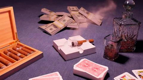 Playing cards, a box of cigars, dollars, a glass and a bottle of whiskey. 3D Stock Illustration