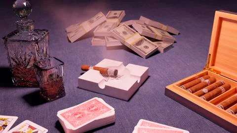 Playing cards, a box of cigars, dollars, a glass and a bottle of whiskey. 3D Stock Illustration