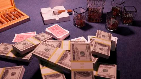 Playing cards, a box of cigars, dollars, a glass and a bottle of whiskey. 3D Stock Illustration