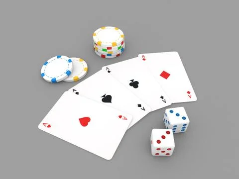 Playing cards, chips, dice, on a gray background. Stock Illustration