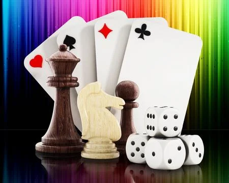 Playing cards, dice and chess pieces. 3D illustration Stock Illustration