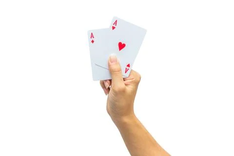 Playing cards in hand isolated on white background Stock Photos