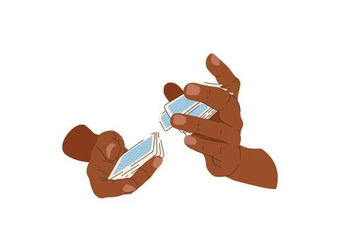 Playing cards in hands flat illustration. Card shuffling. Black-skinned cro.. Stock Illustration