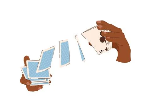 Playing cards in hands flat illustration. Card tricks. Black-skinned croupi.. Stock Illustration