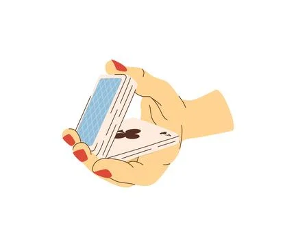 Playing cards in hands with red nails flat illustration. Card shuffling. Cr.. Stock Illustration