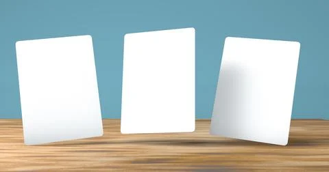 Playing cards mockup, deck of playing cards on blue background and wooden table Stock Illustration