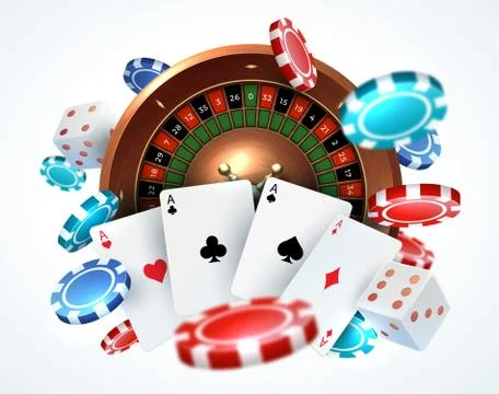 Playing cards poker chips. Falling dice online casino gambling realistic 3D Stock Illustration