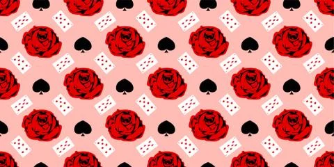 Playing cards seamless pattern. Red rose on a pink background.. イラスト素材