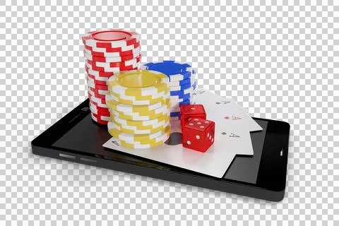 Playing cards with stack of casino tokens and dice on mobile phone Stock Illustration