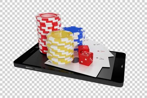 Playing cards with stack of casino tokens and dice on smartphone Stock Photos