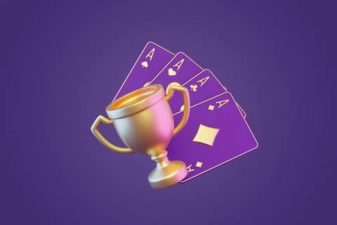 Playing cards with trophy cup on a purple background Stock Illustration