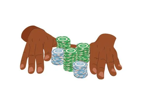 Playing chips in hands flat illustration. All in moment in poker. Black-ski.. Stock Illustration