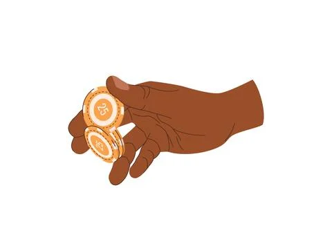 Playing chips in hands flat illustration. Trick with chips. Black-skinned p.. Stock Illustration
