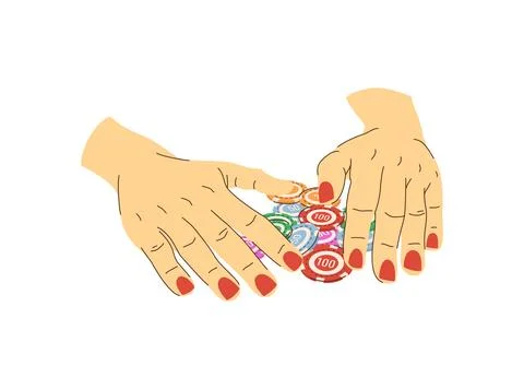 Playing chips in hands flat illustration. Winning chips moment. Woman playe.. Stock Illustration