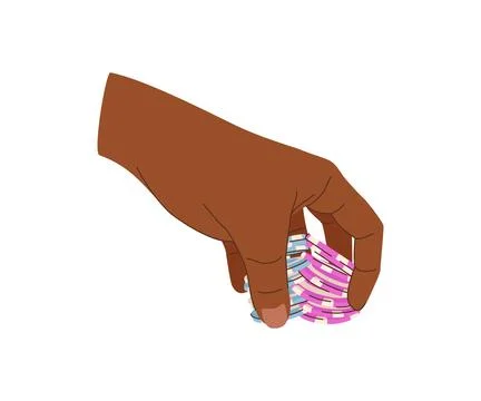Playing chips in hands flat illustration. Trick with chips. Black-skinned p.. Stock Illustration