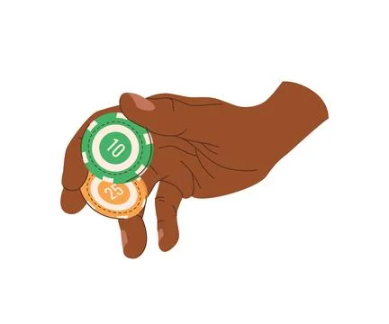 Playing chips in hands flat illustration. Trick with chips. Black-skinned p.. Stock Illustration
