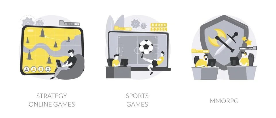 Playing computer games abstract concept vector illustrations. Illustrazione stock