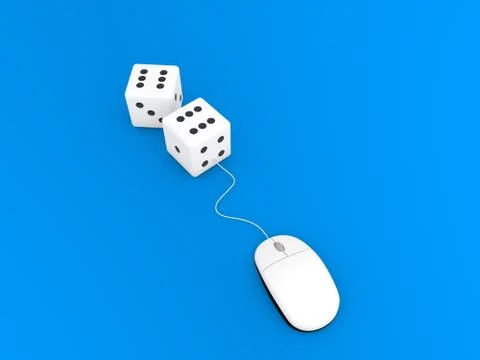 Playing cubes and computer mouse on a blue background. Stock Illustration