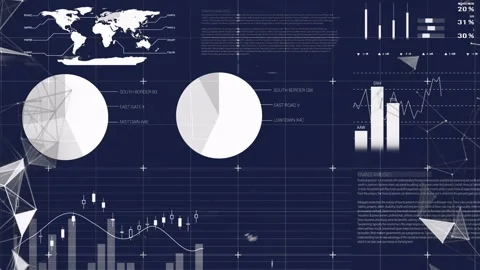 Playing dashboard sequence revealing live analytics on dark blue grid, with pie 動画素材 332822082