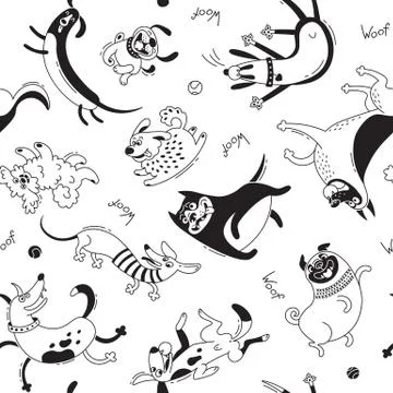 Playing dogs seamless pattern. Funny lap-dog, happy pug, mongrels and other Stock Illustration