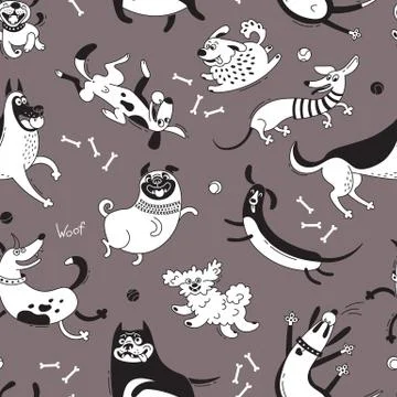 Playing dogs seamless pattern. Funny lap-dog, happy pug, mongrels and other Stock Illustration