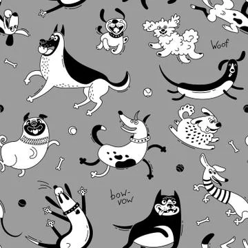 Playing dogs seamless pattern. Funny lap-dog, happy pug, mongrels and other Stock Illustration